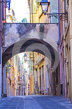 Colorful buildings in the mediaeval town of Menton, French Riviera, France.