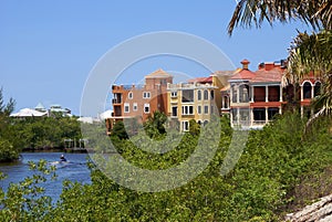 Colorful buildings over water