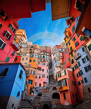 a view of a city with colorful buildings and stairs photo