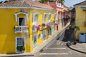 Colorful buildings in a street of the old city of Cartagena Cartagena de Indias in Colombia