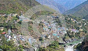 Colorful Buildings in Town along the Ganges in Valley of Himalayan Mountains - Devprayag, Tehri Garhwal, Uttarakhand, India