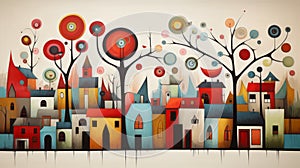 Whimsical Urban Landscape Painting With White Trees - Folk Art Inspired photo