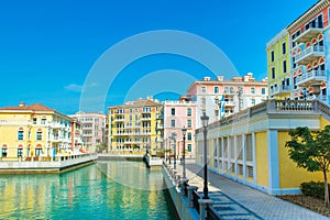 Colorful buildings in venetian style of the Qanat Quartier