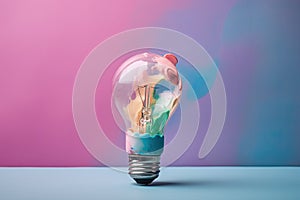 Colorful bulb lamp. Light bulb with colorful paint and splashes isolated on a colored background. Colours of life. Generative AI