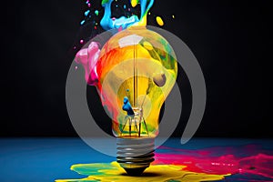 Colorful bulb lamp. Light bulb with colorful paint and splashes isolated on a dark background. Colours of life. Generative AI