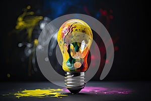 Colorful bulb lamp. Light bulb with colorful paint and splashes isolated on a dark background. Colours of life. Generative AI