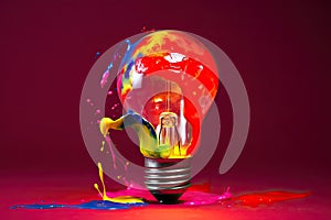 Colorful bulb lamp. Light bulb with colorful paint and splashes isolated on a dark background. Colours of life. Generative AI