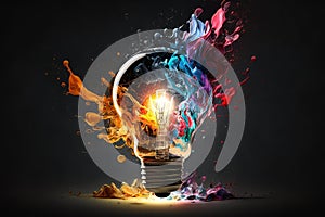 Colorful bulb lamp. Light bulb explodes with colorful paint and splashes isolated on black. Colours of life. Generative