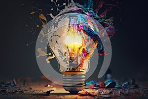 Colorful bulb lamp. Light bulb explodes with colorful paint and splashes isolated on black. Colours of life. Generative