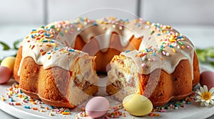 Colorful bundt cake decorated with sprinkles and pastel eggs for a festive spring celebration photo