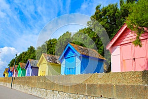 Colorful bungalows on the beach of Folkestone England