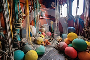 colorful buoys and ropes on the deck of a fishing boat
