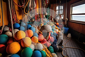 colorful buoys and ropes on the deck of a fishing boat