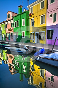 Colorful Burano Italy canal reflections