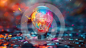 Colorful Burst of Ideas: Creative Light Bulb Explodes with Paint for New Brainstorming Concepts