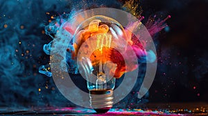 Colorful Burst of Ideas: Creative Light Bulb Explodes with Paint for New Brainstorming Concepts