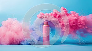 Colorful Burst: Pink Aerosol Can Releases Vibrant Cloud of Pigment Powders - Stock Photo