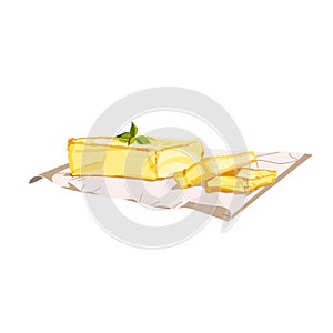 Colorful butter briquette with cut off pieces and herb on white food-grade paper. Isolated background. Modern flat
