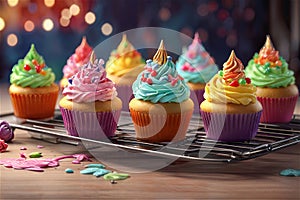 Colorful buttercream frosted cupcakes with swirled toppings on cooling rack