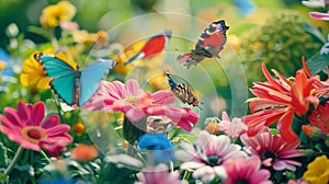 Colorful butterflies and birds can be seen flitting around the flowers and vegetables adding to the natural beauty of photo