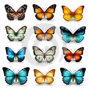 Colorful Butterflies Collection: Hyper-realistic Illustrations On White Background