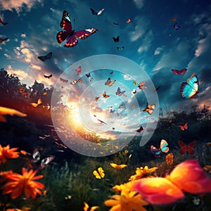 Colorful butterflies flying