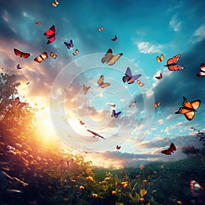 Colorful butterflies flying