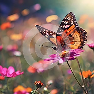 Colorful butterflies sucking nectar from flower pollen.