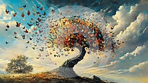 Colorful butterflies swirl around a vibrant, autumnal tree photo