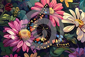 Colorful butterfly on a beautiful flower in the meadow in summer illustration