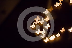 Colorful butterfly bokeh on a dark background, yellow shining butterfly bokeh