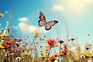 a colorful butterfly in the cloudy sunny sky above a summer field warm