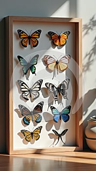 Colorful butterfly collection in wooden shadow box display