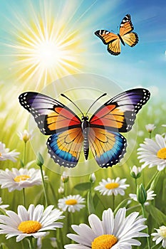 Colorful butterfly on daisy flowers with green grass and blue sky.