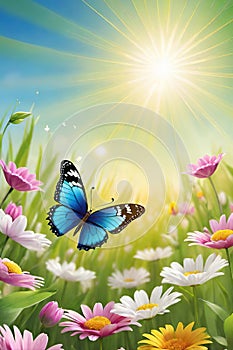 Colorful butterfly on daisy flowers with green grass and blue sky.