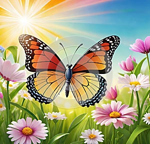 Colorful butterfly on daisy flowers with green grass and blue sky.