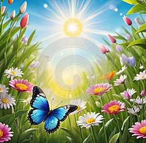 Colorful butterfly on daisy flowers with green grass and blue sky.