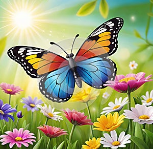 Colorful butterfly on daisy flowers with green grass and blue sky.