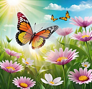 Colorful butterfly on daisy flowers with green grass and blue sky.