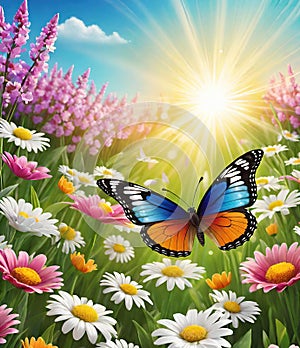 Colorful butterfly on daisy flowers with green grass and blue sky.