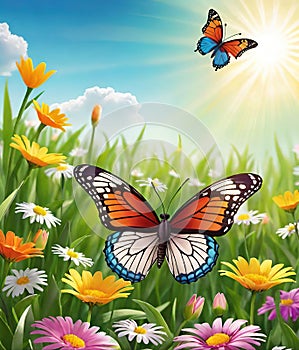 Colorful butterfly on daisy flowers with green grass and blue sky.