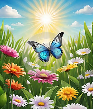 Colorful butterfly on daisy flowers with green grass and blue sky.