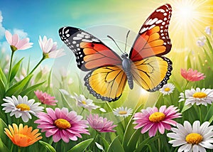 Colorful butterfly on daisy flowers with green grass and blue sky.