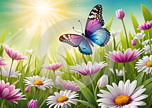 Colorful butterfly on daisy flowers with green grass and blue sky.