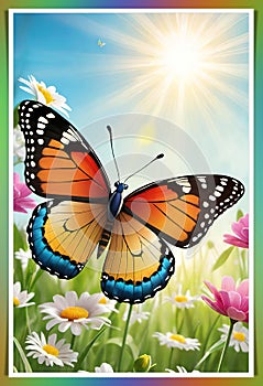 Colorful butterfly on daisy flowers with green grass and blue sky.