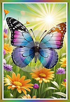 Colorful butterfly on daisy flowers with green grass and blue sky.