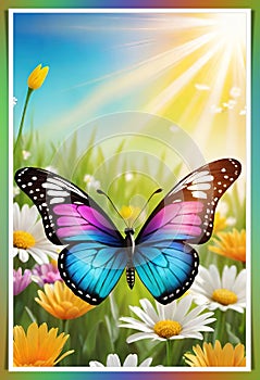 Colorful butterfly on daisy flowers with green grass and blue sky.