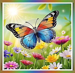 Colorful butterfly on daisy flowers with green grass and blue sky.