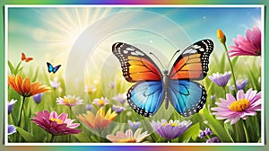 Colorful butterfly on daisy flowers with green grass and blue sky.