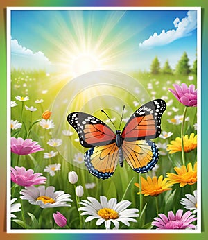 Colorful butterfly on daisy flowers with green grass and blue sky.